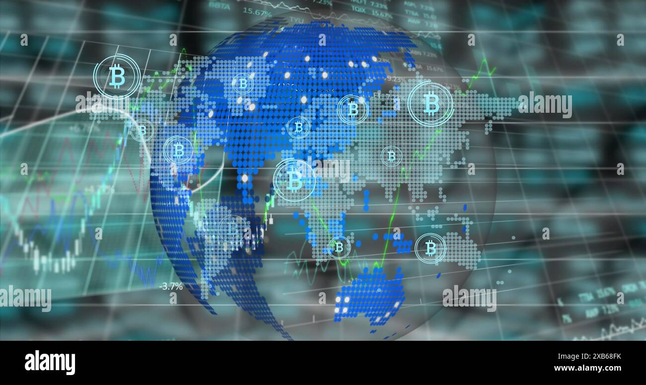 Digitale Weltkarte mit Bitcoin-Symbolen und Datendiagrammen Stockfoto