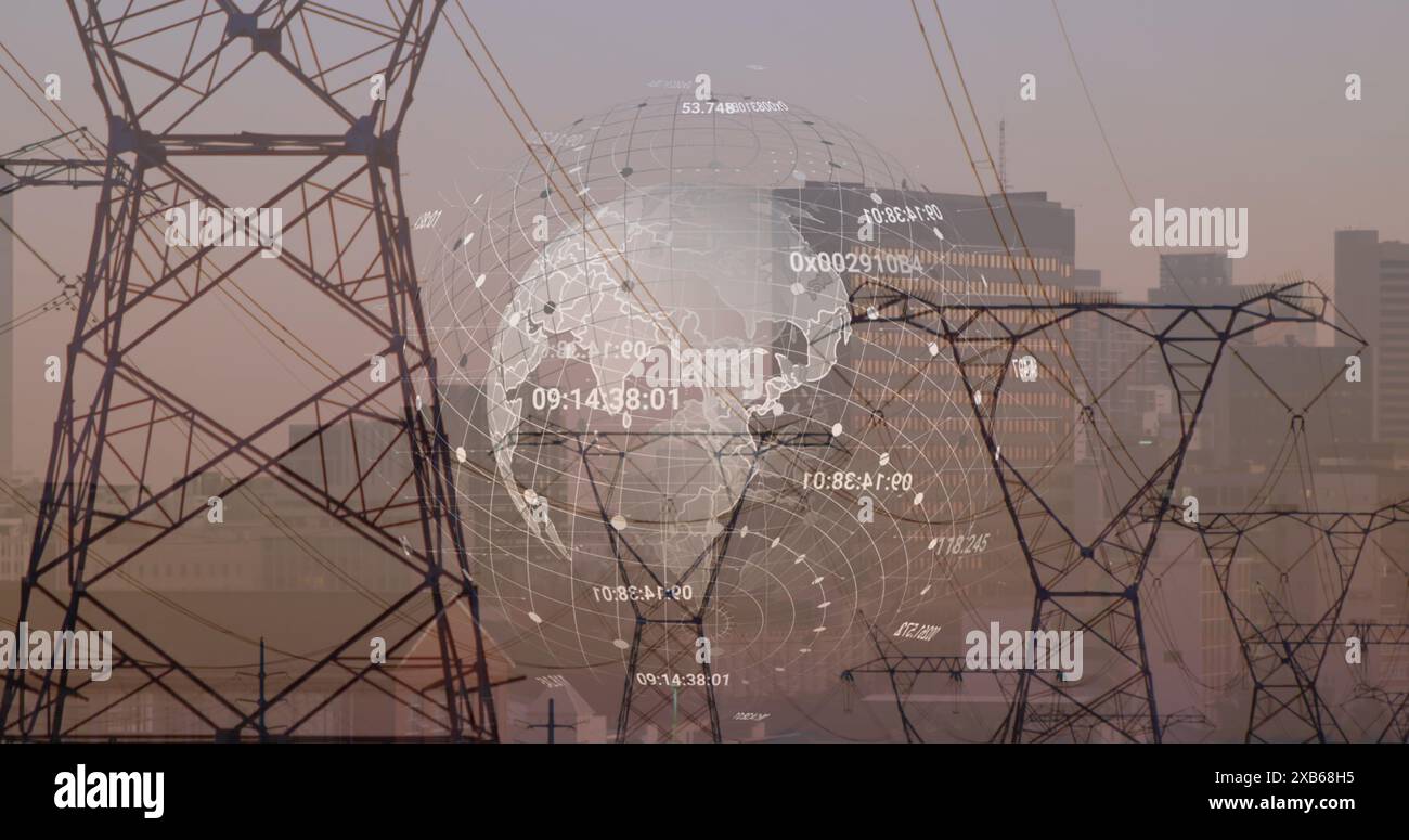 Das Bild der digitalen Globus-Überlagerung mit Datenpunkten und Koordinaten ist durch Stromleitungen sichtbar Stockfoto