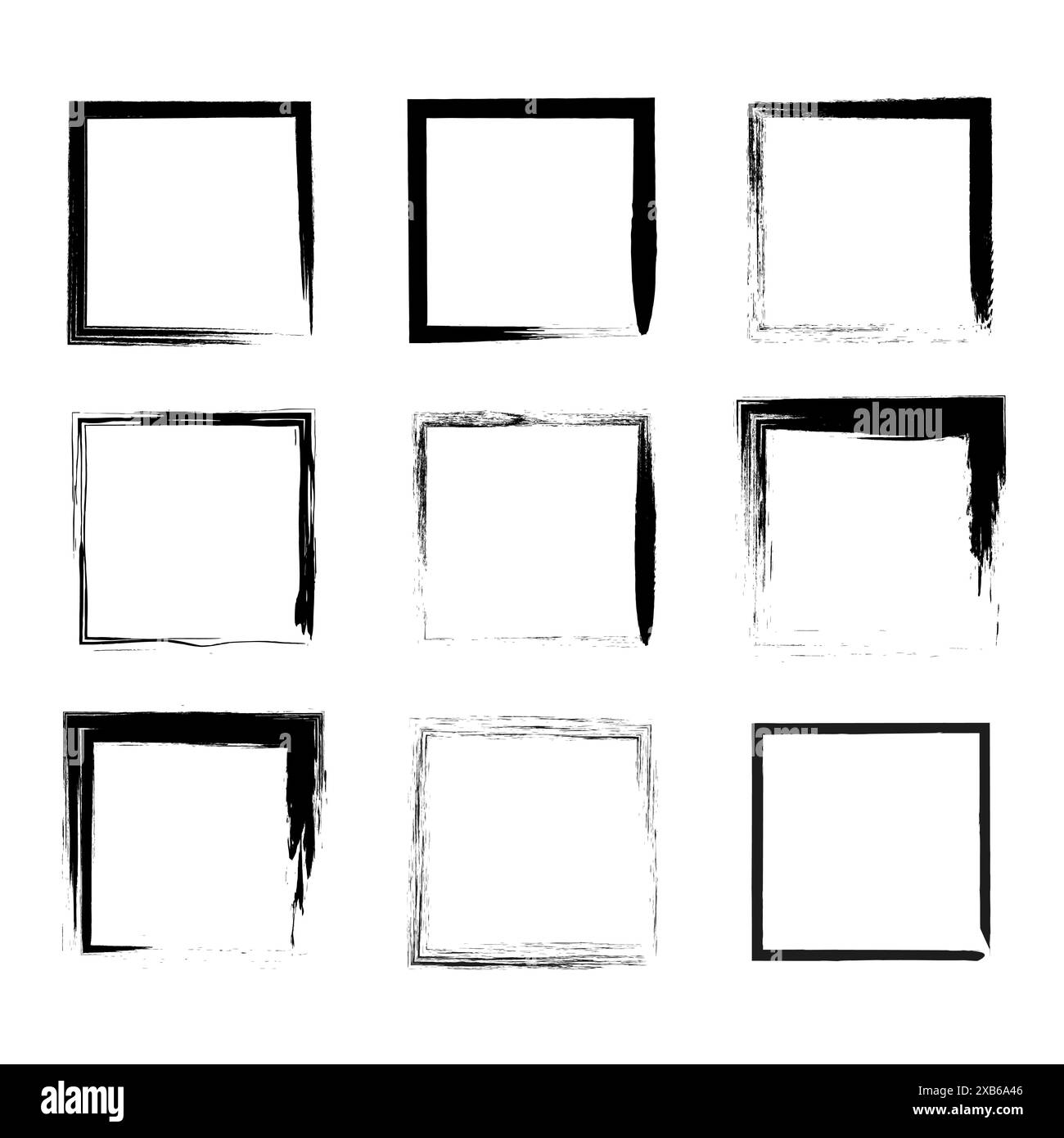 Quadratische Rahmen zum Schleifen. Schwarze Pinselstriche. Abstrakter Randvektor. Raue Kantenkonstruktion. Stock Vektor