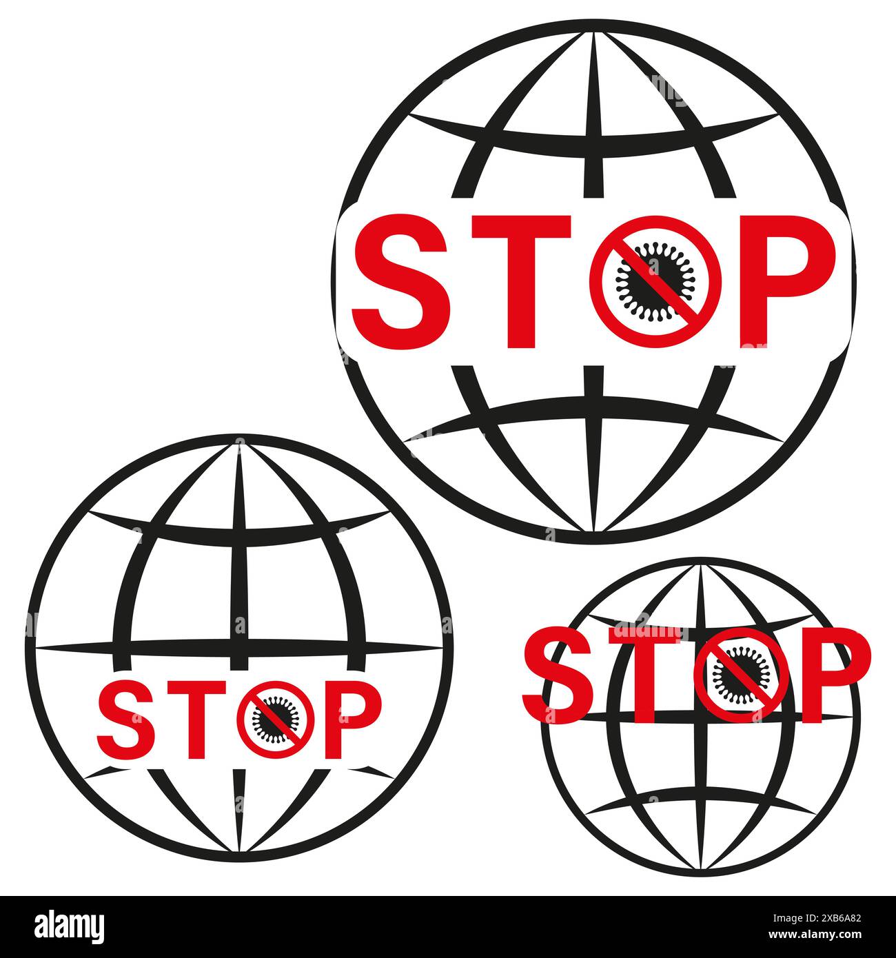 Symbol „Virus stoppen“. Kugel mit rotem Text. Schwarz-weiß. Vektorabbildung. Stock Vektor