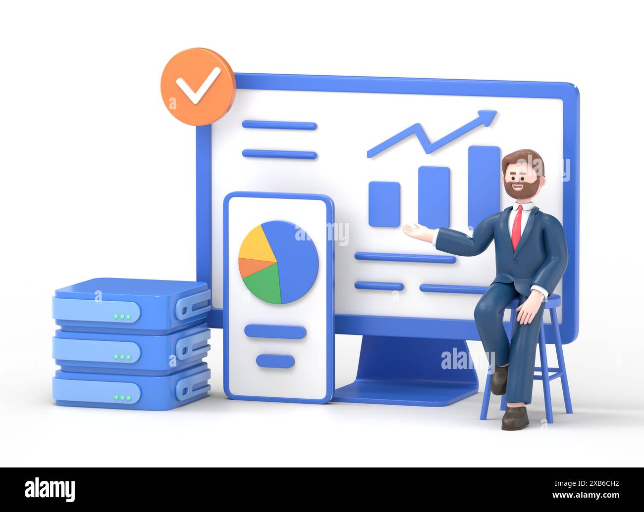 Big Data und Cloud-Computing. 3D-Illustration eines Geschäftsmannes, der Remote-Server zur Analyse großer Datenmengen und zur Erkennung von Fehlern verwendet. Aktion Stockfoto