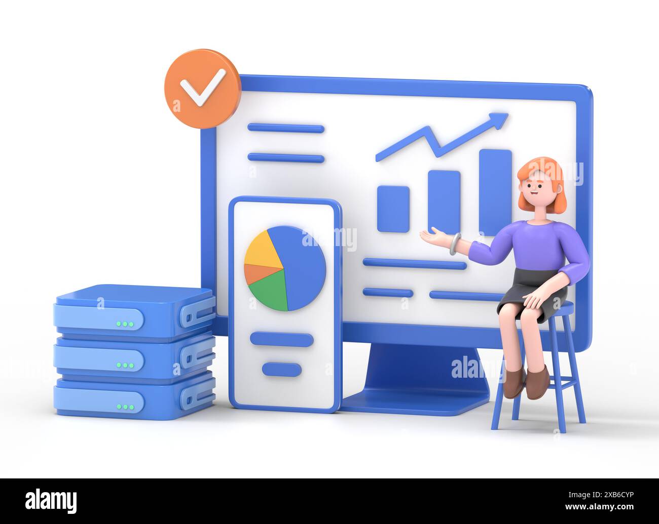 Big Data und Cloud-Computing. 3D-Illustration eines Geschäftsmannes, der Remote-Server zur Analyse großer Datenmengen und zur Erkennung von Fehlern verwendet. Aktion Stockfoto