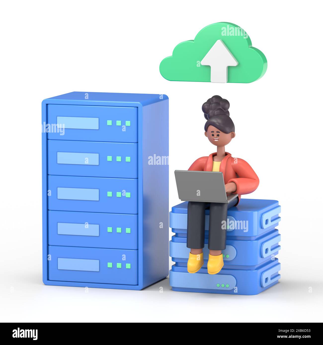 3D-Illustration eines Geschäftsmannes. Big Data und Cloud Computing, Geschäftsleute, die Remote-Server verwenden, um große Datenmengen zu analysieren und zu erkennen Stockfoto