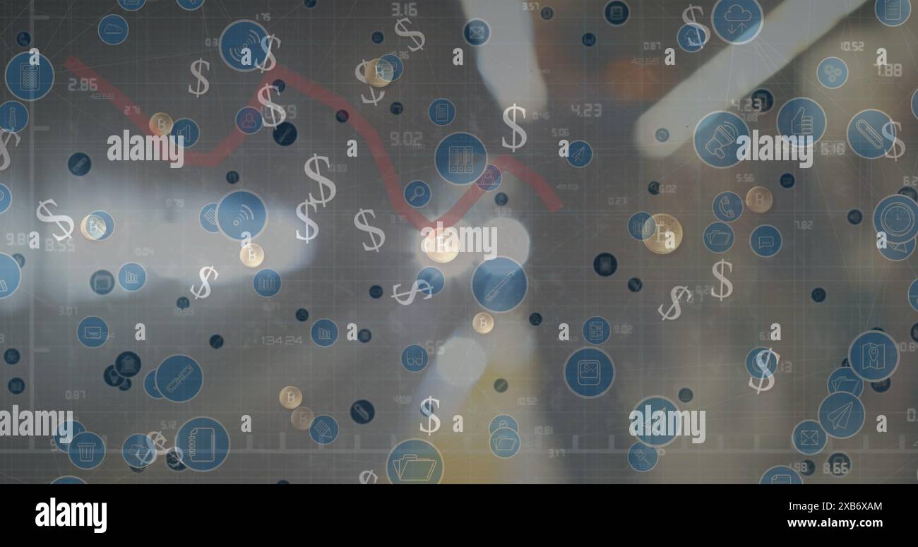 Digitale Symbole und Symbole in Bezug auf Finanzen und Technologie, die einen verschwommenen Hintergrund überlagern Stockfoto