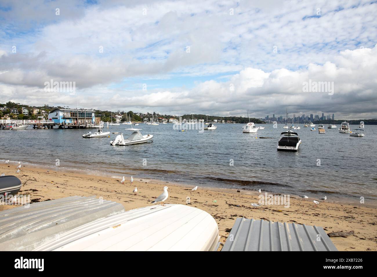 Watsons Bay Beach mit Ruderbootladen am Ufer und Blick über den Hafen zum Stadtzentrum von Sydney und CBD mit Hochhäusern, NSW, Australien Stockfoto