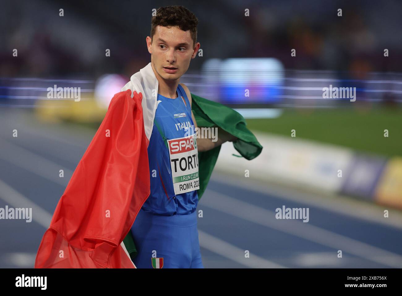 Rom, Italien 10.06.2024: Filippo Tortu Silbermedaille am Ende des 200-m-Endspiels der Männer bei den Leichtathletik-Europameisterschaften 2024 im Olympiastadion in Rom Stockfoto