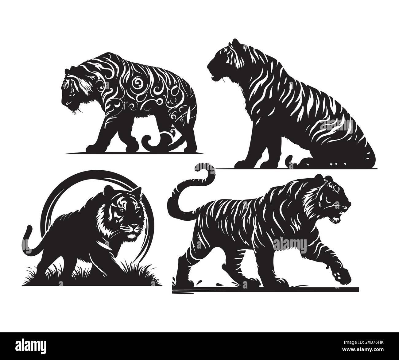 Tiger Gruppe Silhouetten, Clipart Hand Zeichnung Vektor Illustration, Stock Vektor