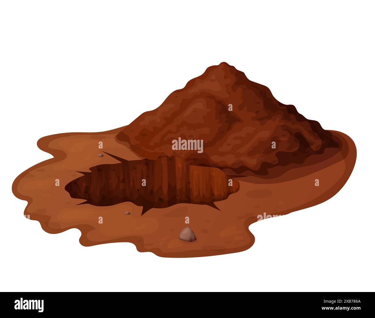 Bodengrube in Cartoon mit Steinen und Erde. Schmutzige braune Untertage Graben oder Mine, Graben, Haufen. Vektorillustration isoliert auf weißem Hintergrund Stock Vektor