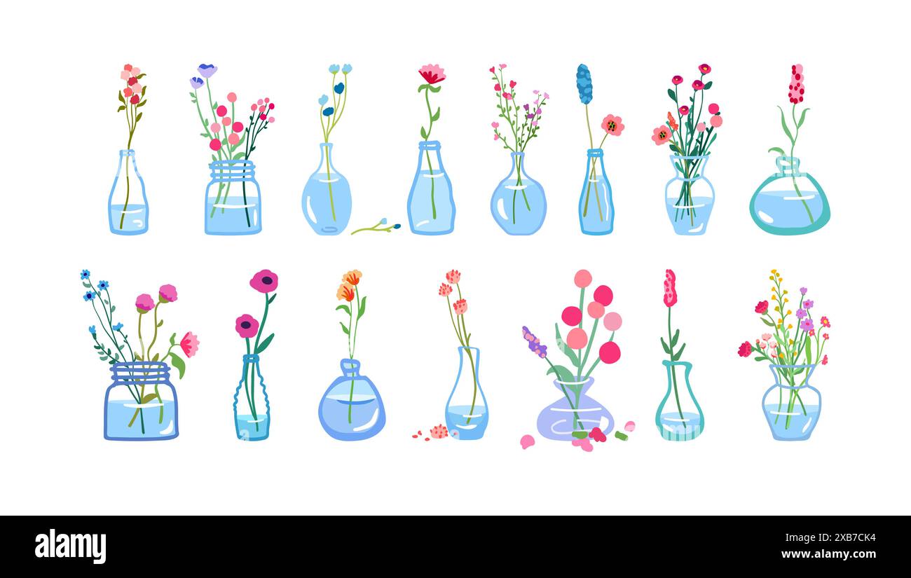 Große Reihe von zarten anmutigen Wildblumen 15 Blumensträuße Glasvase hohe Stiele Laub. Einfache florale Elemente Wilde Pflanzen isolierter weißer Hintergrund flache Vektor-Illustration niedlich Stock Vektor