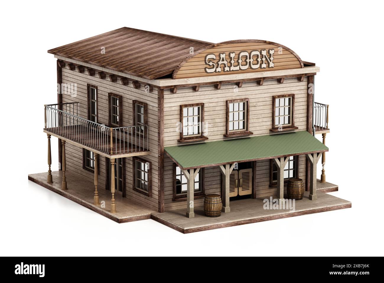 Wild West Saloon Gebäude isoliert auf weißem Hintergrund. 3D-Abbildung. Stockfoto