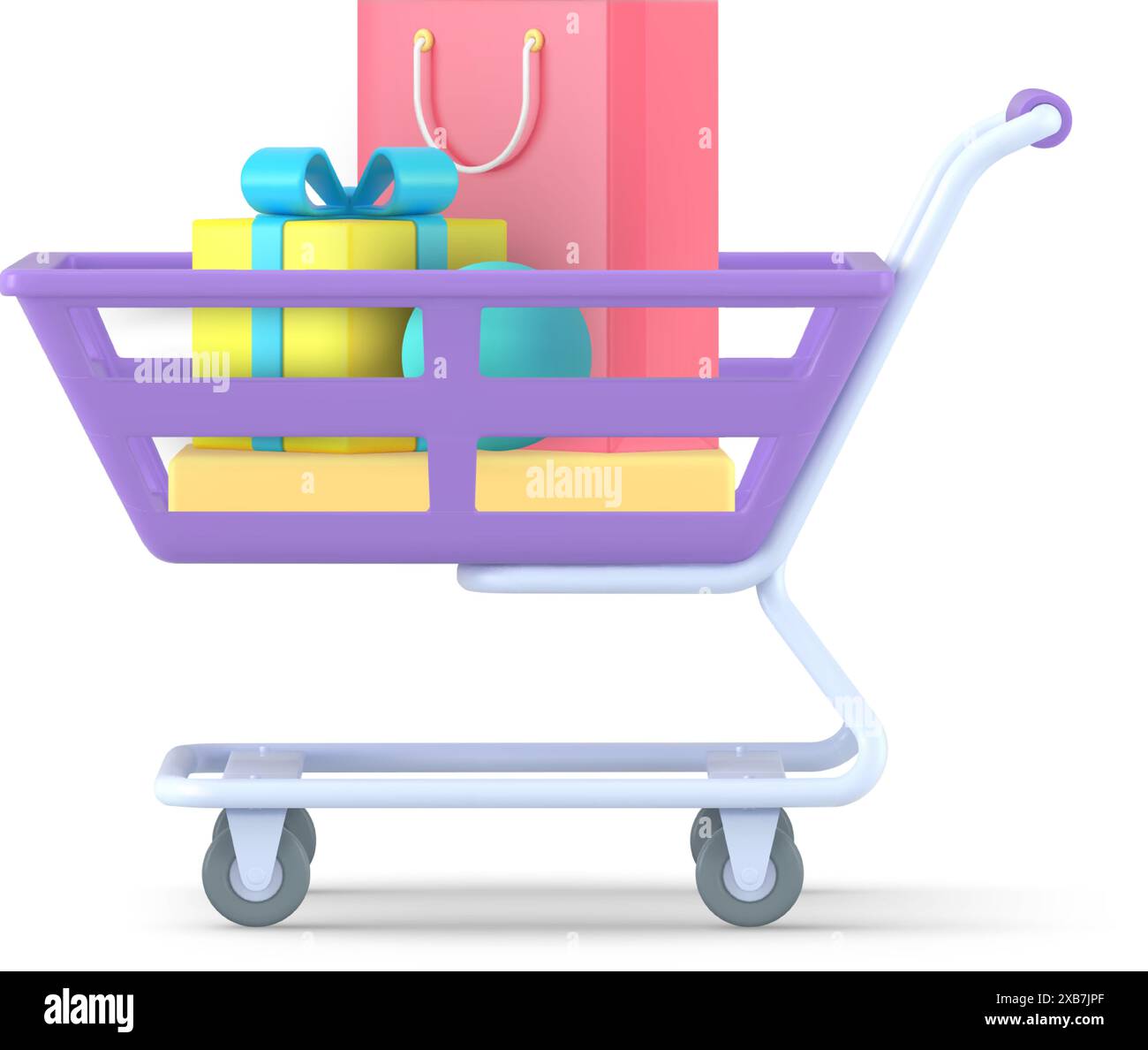 Wagen für 3D-Käufe mit Paketvektorsymbol. Lila Metallräder mit gelbem Geschenk und roter Tasche. Symbol für gewerbliche Verkäufe Einzelhandel in s Stock Vektor
