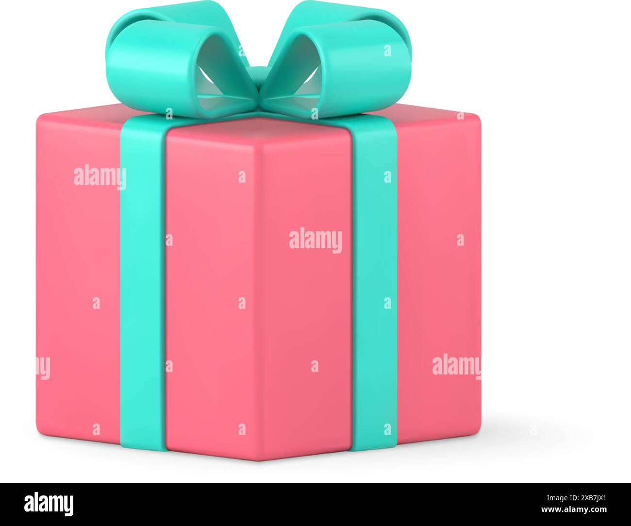 Überraschungsgeschenk 3D Verpackung Vektor Symbol. Rosafarbene Box mit grüner Schleife und festlichen Bändern. Teures Einkaufsgeschenk zum Geburtstag und Jahrestag Stock Vektor