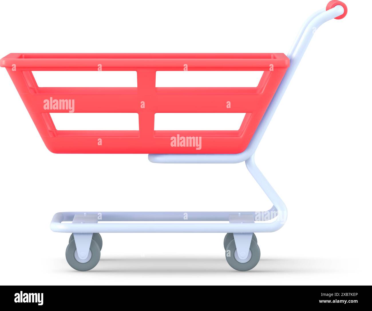 Leerer Wagen für 3D-Käufe Vektorsymbol. Metallräder für Marketingbehälter mit rotem Kunststoffkorb. Kreatives Verkaufssymbol in Geschäften und weiter Stock Vektor