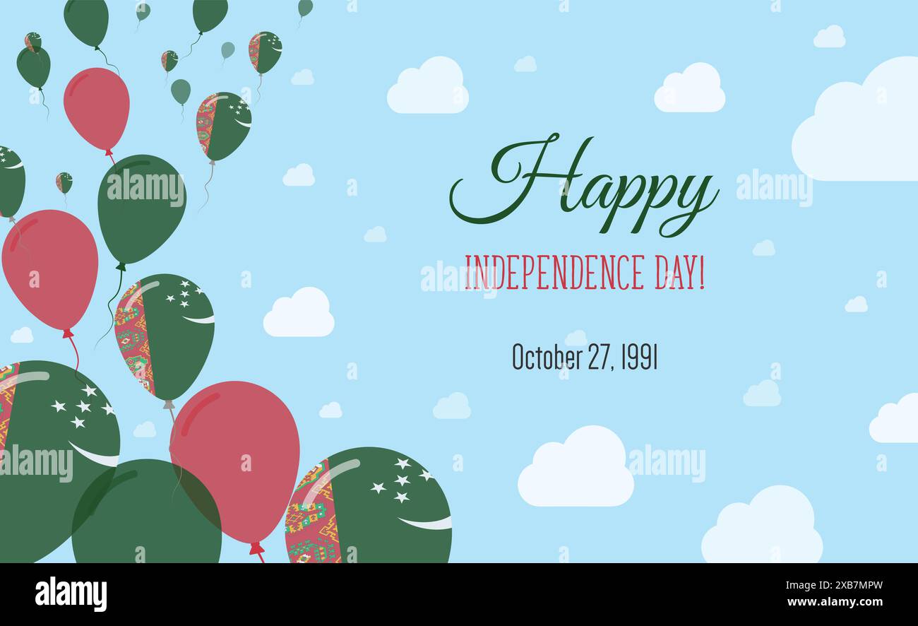Turkmenistan Unabhängigkeitstag Funkelndes Patriotisches Poster. Reihe von Ballons in den Farben der Turkmenischen Flagge. Grußkarte mit Nationalflaggen, Blaue Skyes Stock Vektor