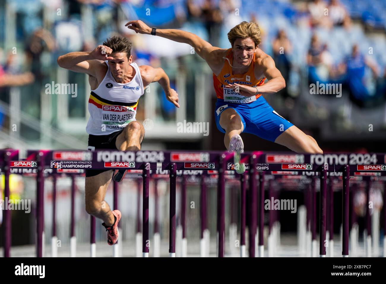 Rom, Italien. Juni 2024. Der belgische Thomas Van der Plaetsen und der Niederländer Jeff Tesselaar wurden während des 110-m-Hürdenrennens, am zweiten und letzten Tag des Decathlon-Wettbewerbs der Männer, bei den Leichtathletik-Europameisterschaften in Rom, Italien, am Dienstag, den 11. Juni 2024, im Einsatz gezeigt. Die Leichtathletik-Europameisterschaften finden vom 7. Bis 12. Juni statt. BELGA FOTO JASPER JACOBS Credit: Belga News Agency/Alamy Live News Stockfoto