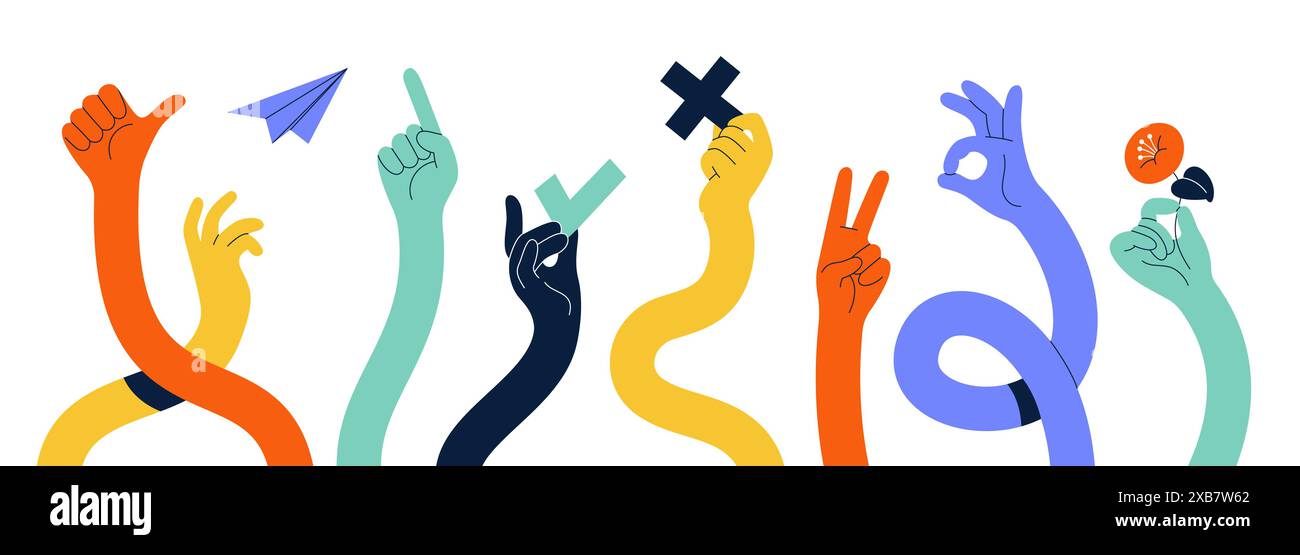 Comic flexible Hände. Lange farbige Arme, geschwungene Gliedmaßen mit verschiedenen Elementen, verschiedene Fingergesten, Schilder und Symbole. Daumen Finger hoch und OK Stock Vektor