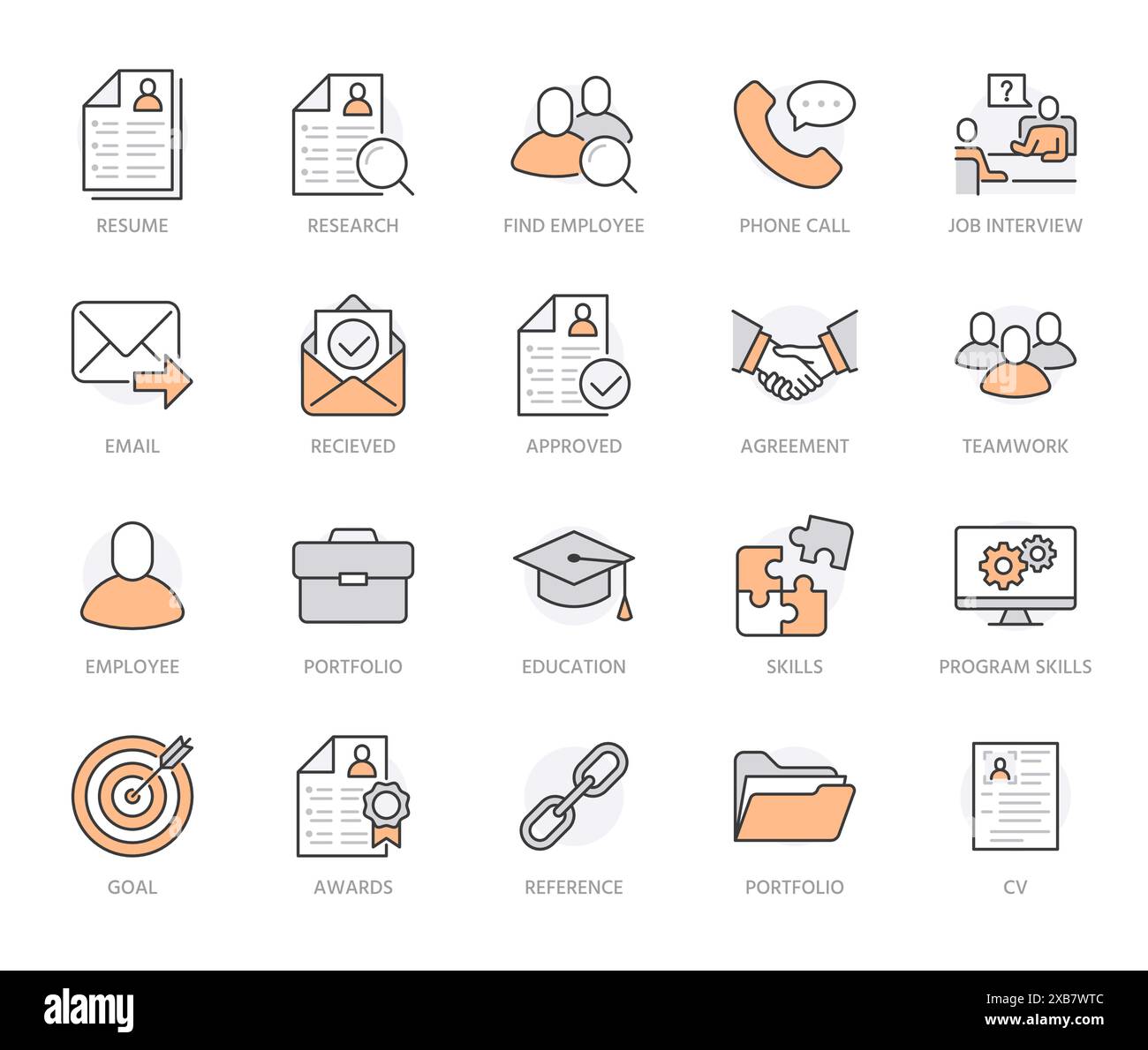 Setzen Sie die Symbole für die flache Linie fort. HR Human Resources, Bewerbung, Mitarbeiterprofil für Interviews, Teamarbeit, Vektorgrafiken zur Berufserfahrung Portfolio Stock Vektor