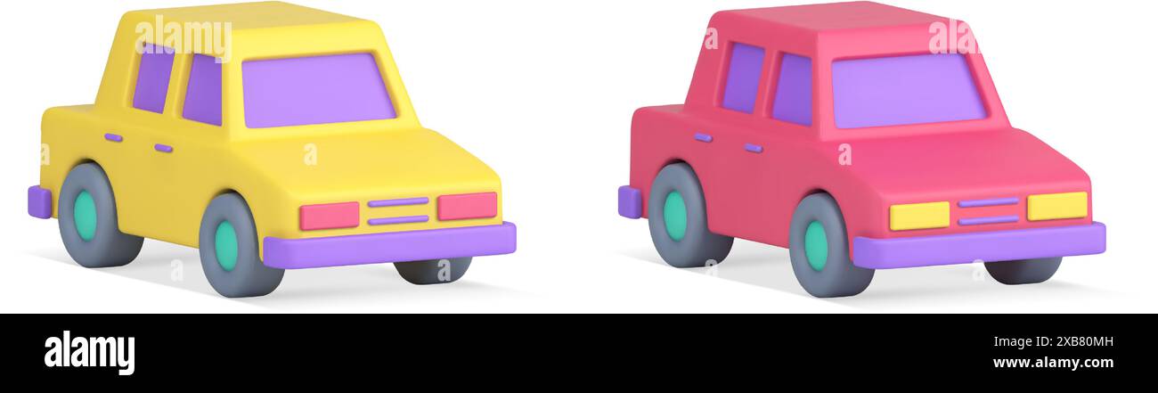 Auto Auto Auto gelb rosa Stadt Transport Passagier Limousine Auto fahren 3D Symbol Satz realistische Vektor Illustration. Fahrzeugmotor für u Stock Vektor
