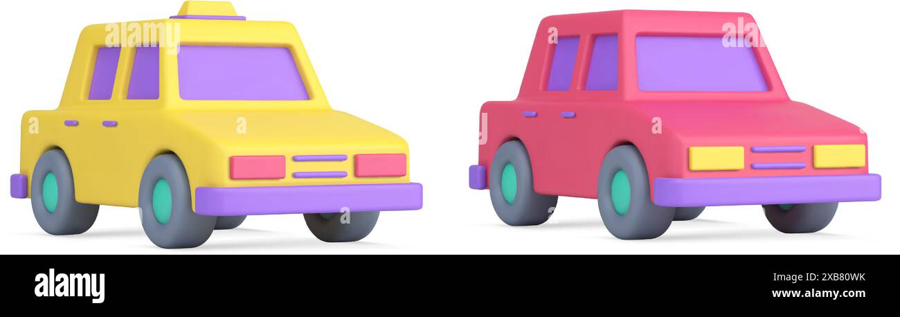 Gelbes Taxi und rosa Passagier-Limousine für städtischen Transport 3D-Symbol realistische Vektorillustration. Auto mit Schild Speed City Move Stock Vektor