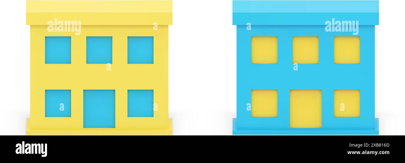Zweistöckige Stadtgebäude Fassade mit Tür und Fenster administrative Immobilien 3D Icon Set realistische Vektorillustration. Städtisches Haus, Pub Stock Vektor