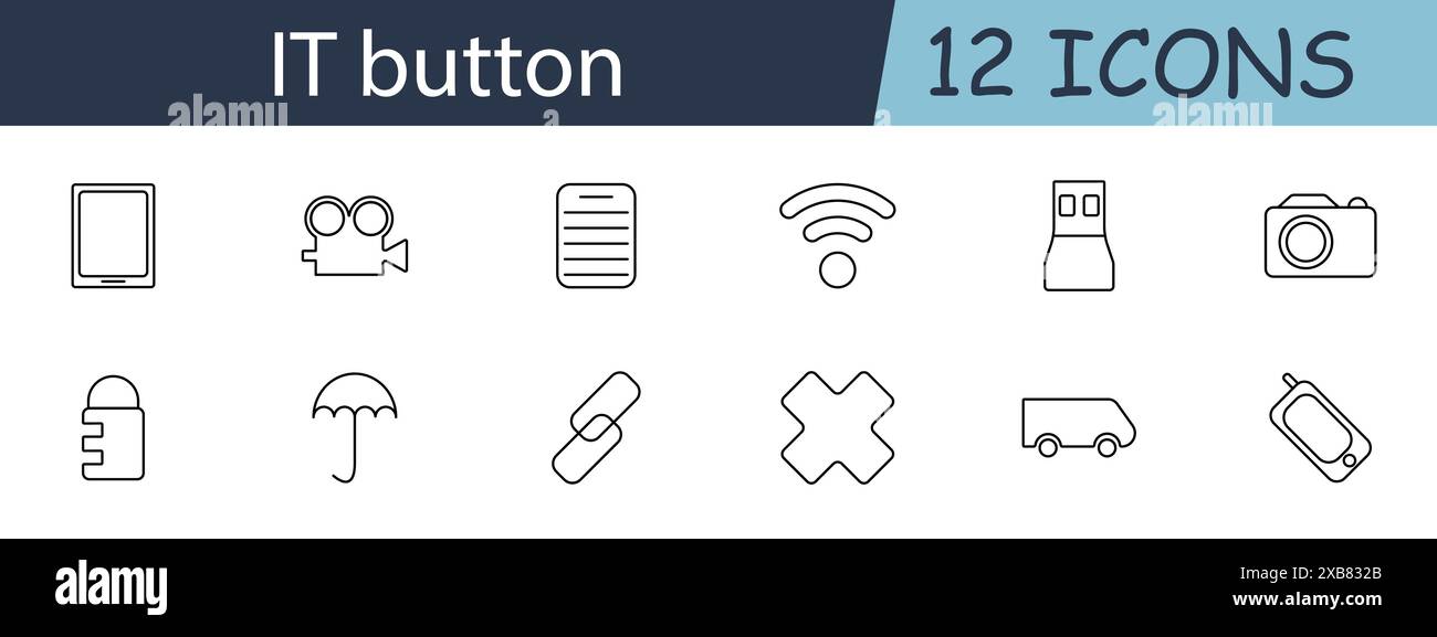 Symbol für IT-Schaltfläche festlegen. Tablet, Filmkamera, Dokument, wlan, USB, Kamera, Schloss, Regenschirm, Link, Kreuz, Lkw, Mobiltelefon. IT-Tools, Sicherheit, Connectiv Stock Vektor