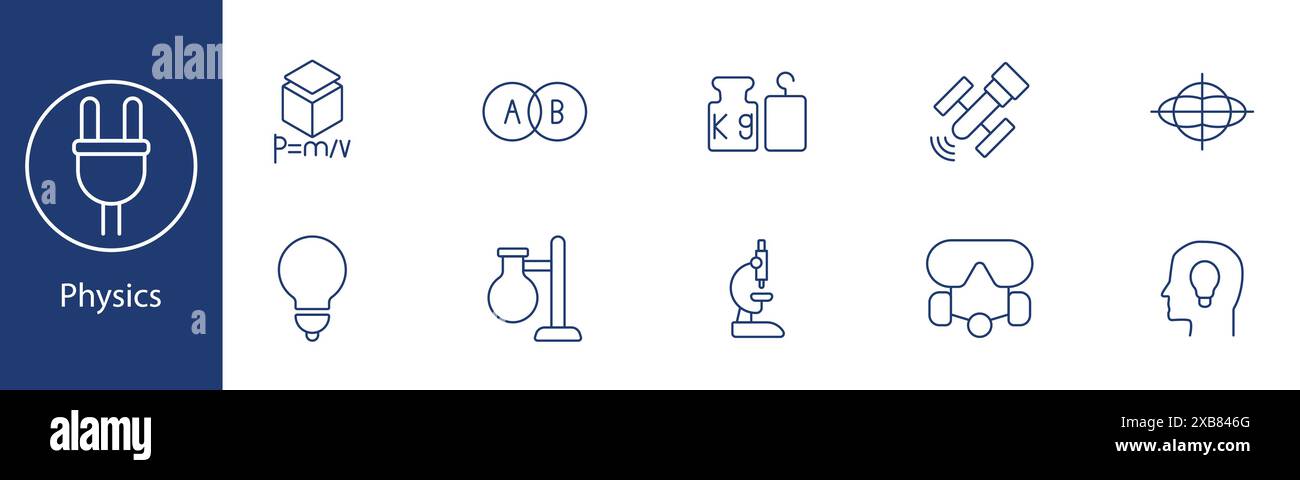 Symbol Physik Set. Formel, Atom, Gewicht, Satellit, Gyroskop, Mikroskop, Glühlampe, Reagenzglas. Wissenschaft, Forschung, Experimente, physikalische Gesetze. Stock Vektor