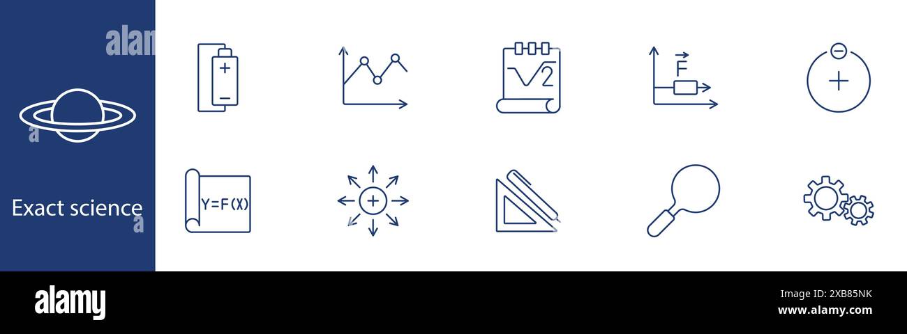 Exact Science Set Symbol. Batterie, Diagramm, Formel, Vektor, Ladung, Winkelmesser, Lupe, Zahnrad. Mathematik, Physik, Ingenieurkonzept. Stock Vektor