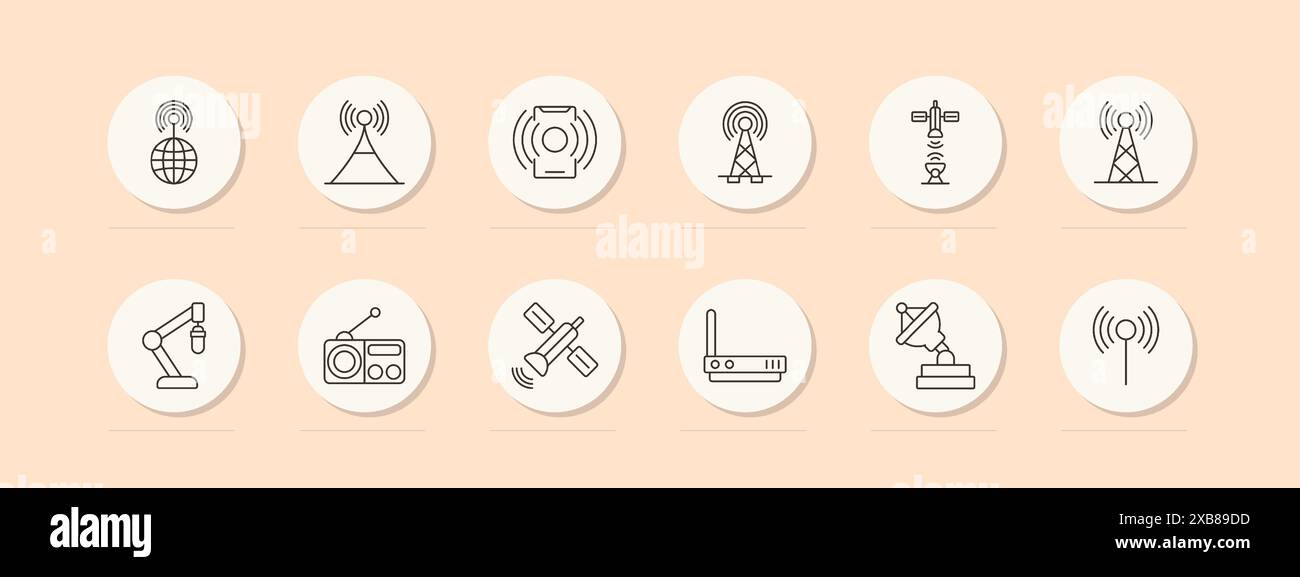 Symbol für Kommunikationsgruppe. Antenne, Satellit, Radio, Router, Signal, Broadcast, Mikrofon, Sender, drahtlos, globale Verbindung, internet, Netzwerk Stock Vektor