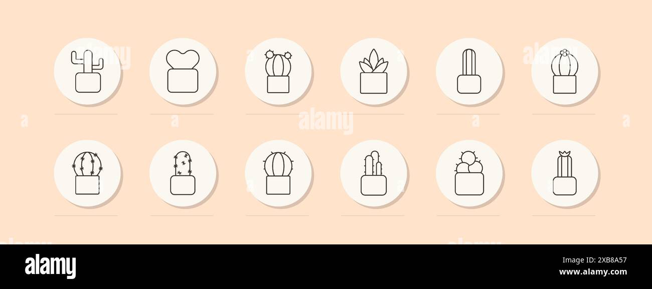 Symbol für Cactus Collection Set. Verschiedene Kaktusarten in Töpfen, verschiedene Formen und Größen. Symbol für Vektorlinie auf pfirsichfarbenem Hintergrund. Stock Vektor