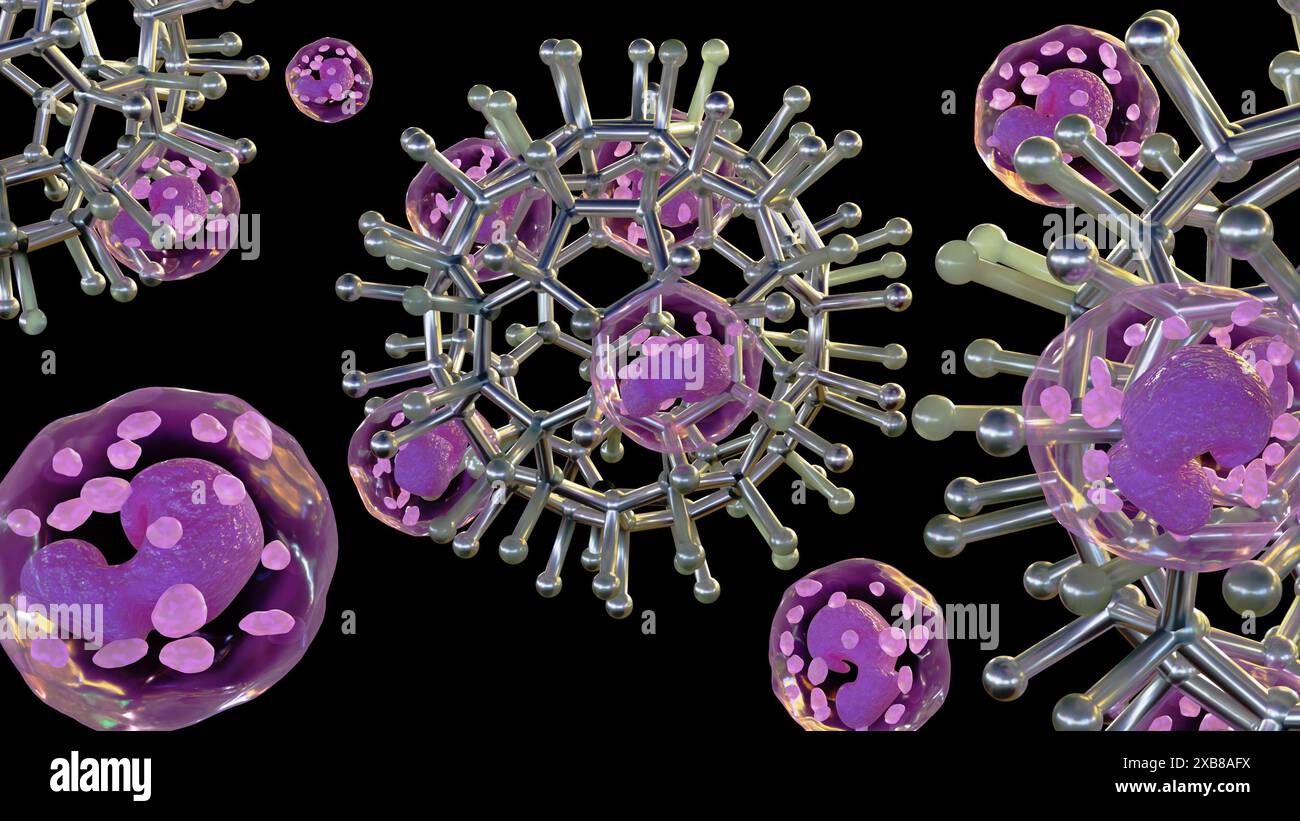 3D-Darstellung isolierter biologischer Zellbelastung auf magnetischen sphärischen Mikrorobots Stockfoto