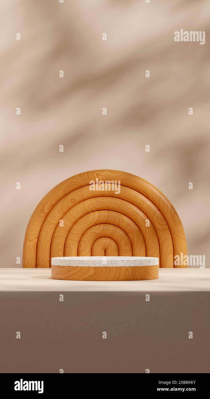 Holzbogen 3D-Rendering-Szene Mockup Terrazzo Textur Podium Vorlage im Querformat Stockfoto