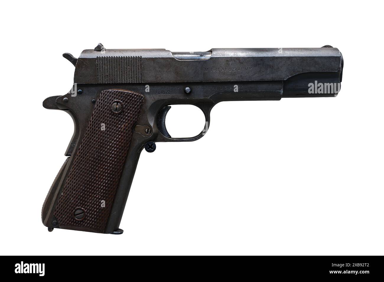 Eine Colt M1911 A1 45 ACP-Pistole auf weißem Hintergrund. Wird im Zweiten Weltkrieg verwendet Stockfoto