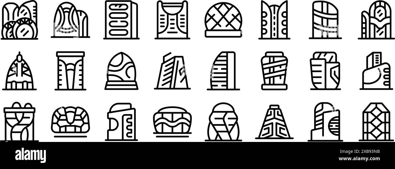 Futuristische Metropolarchitektur-Ikonen gesetzt. Line Icons Reihe von Architekten, die moderne Gebäude mit innovativer, nachhaltiger Architektur und futuristischen Wolkenkratzern entwerfen Stock Vektor