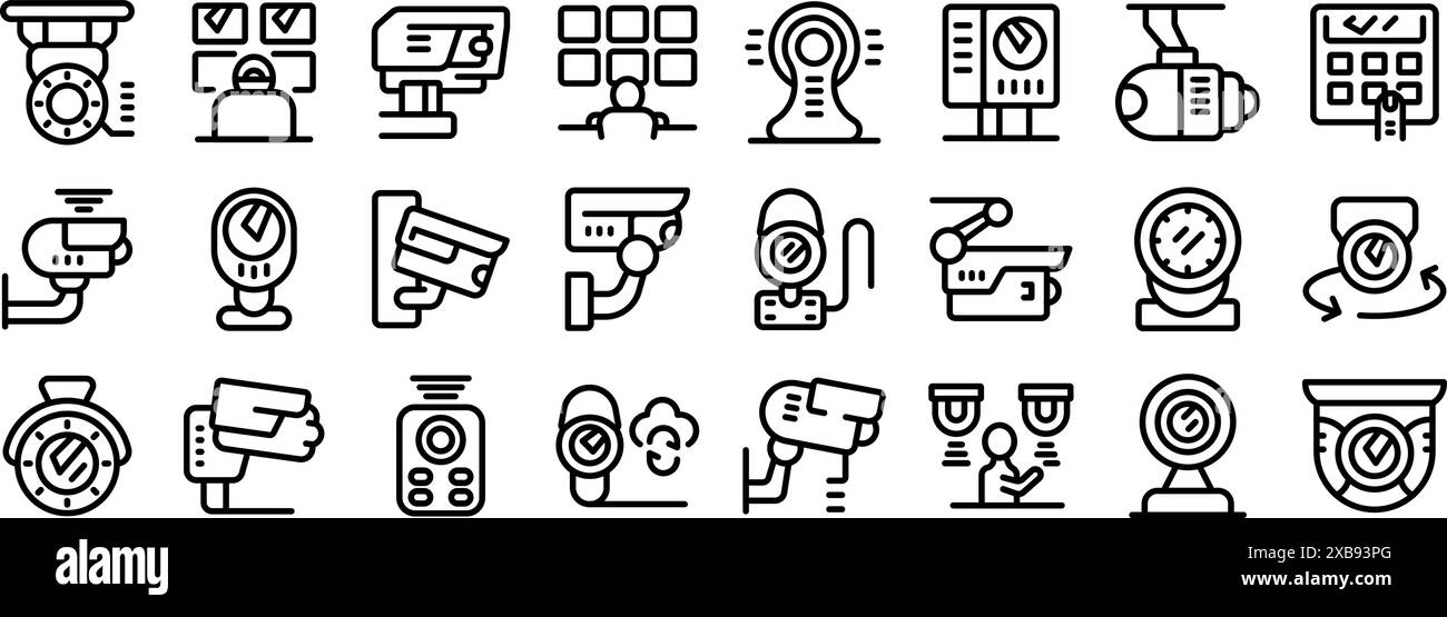 Symbolsatz des Videoüberwachungssystems. Symbolsatz der Sicherheitskamera mit verschiedenen Kameratypen, Überwachungssystemen und Sicherheitsfunktionen für verbesserte Sicherheit und Überwachung Stock Vektor