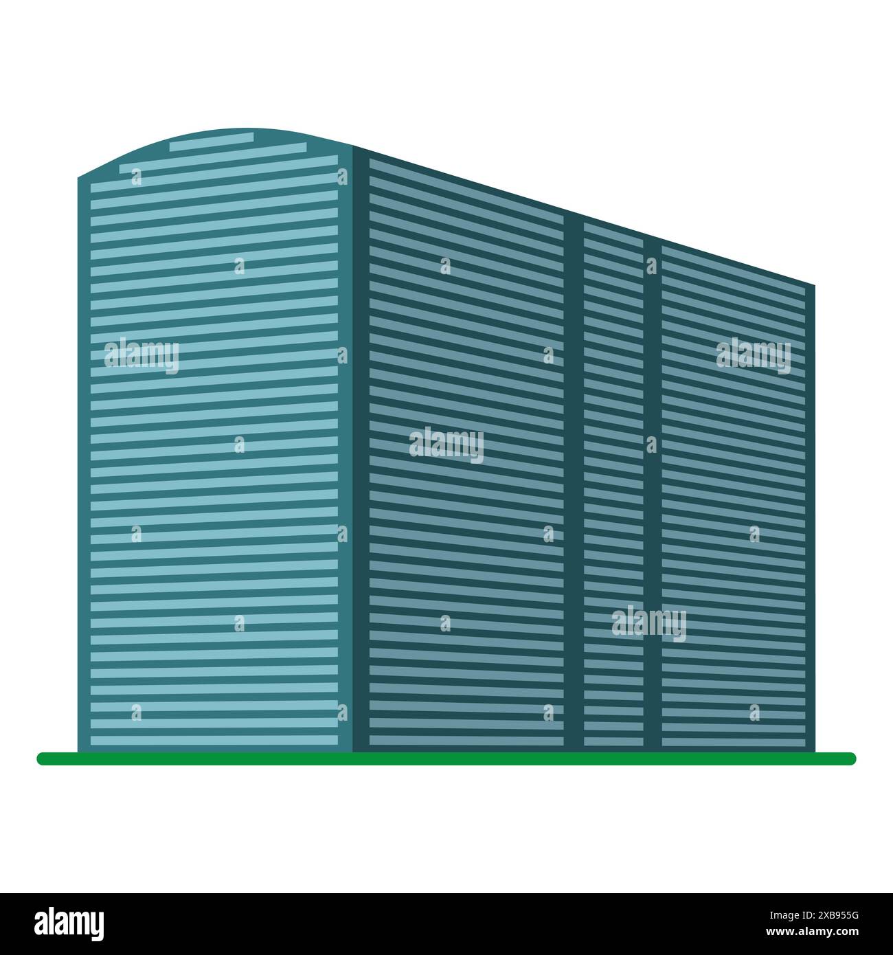 Ein modernes Hochhaus auf weißem Hintergrund. Blick auf das Gebäude von unten. Abbildung des isometrischen Vektors. Stock Vektor