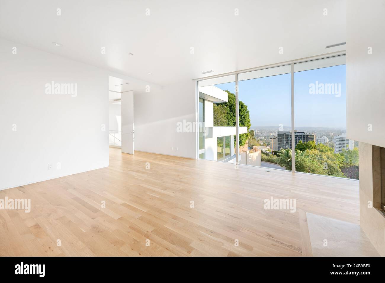 Ein minimalistisches Wohnzimmer mit weißen Wänden und Holzfußboden, das ein harmonisches Design schafft Stockfoto