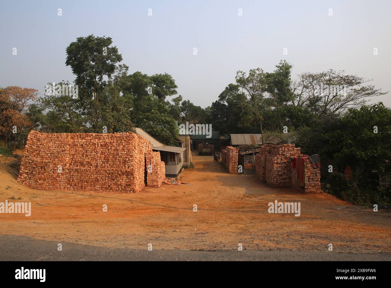 Bodenschlammziegel auf einem offenen Feld werden in der Sonne trocknen lassen, bevor sie in traditionellen Öfen in Bangladesch verbrannt werden Stockfoto