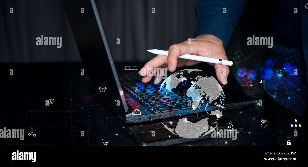 Data Science, digitale Technologie, Big-Data-Management-Konzept. Computerprogrammierer, Softwaretechniker, der ein digitales Tablet mit Internet-Netzwerkverbindung verwendet Stockfoto