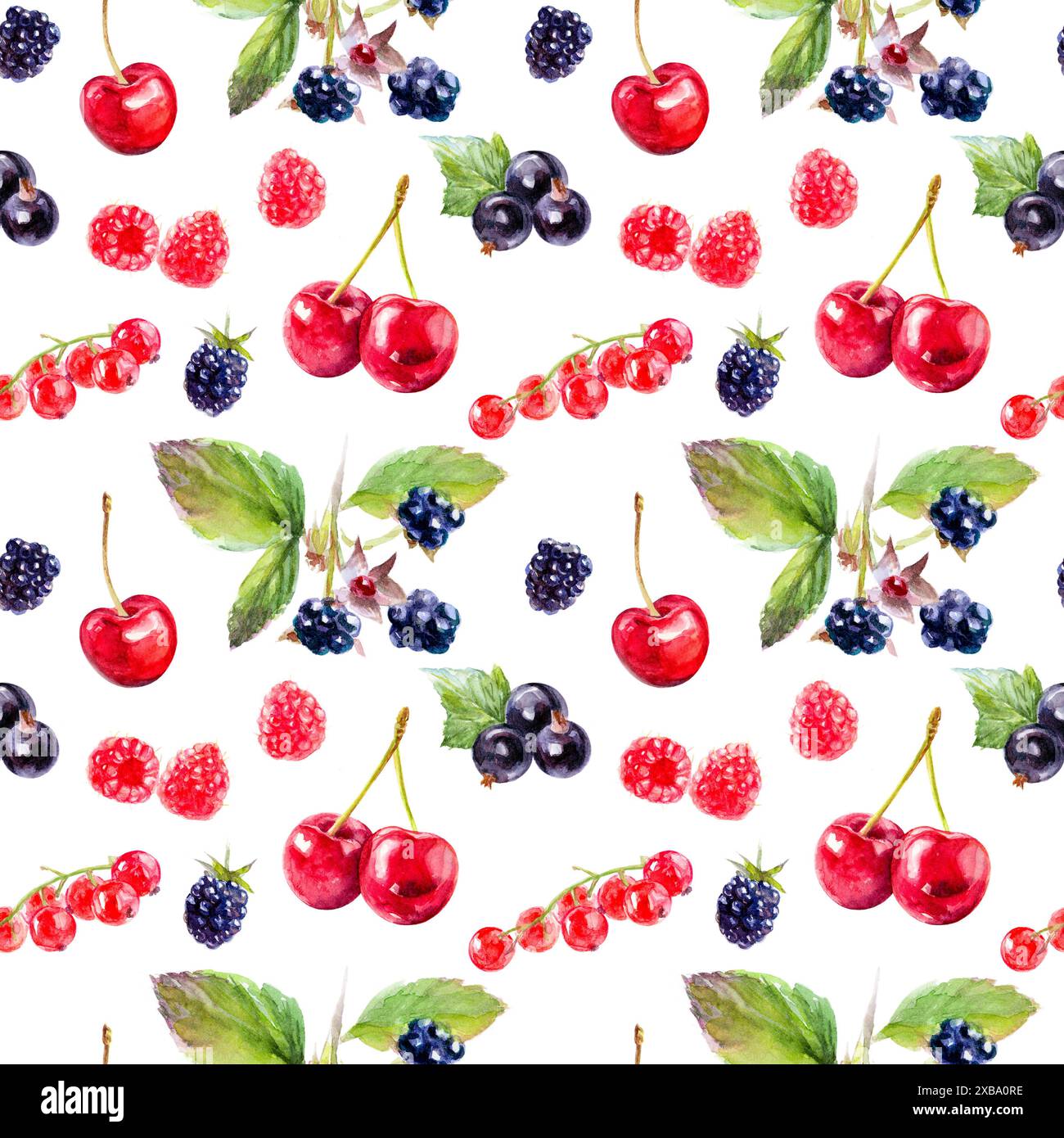 Das Design hat ein nahtloses Muster mit Kirsche, Johannisbeere, Himbeere und brombeere Stockfoto