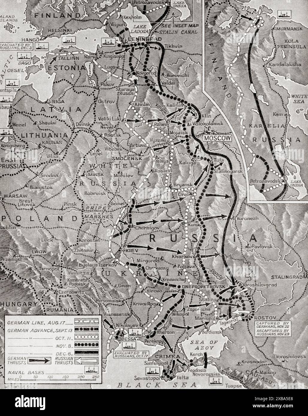 Karte mit den Etappen der deutschen Vorstöße an der Ostfront vom 17. August bis 6. Dezember 1941, als die Offensive zum Stillstand kam. Aus dem Krieg in Bildern 3. Jahr Stockfoto