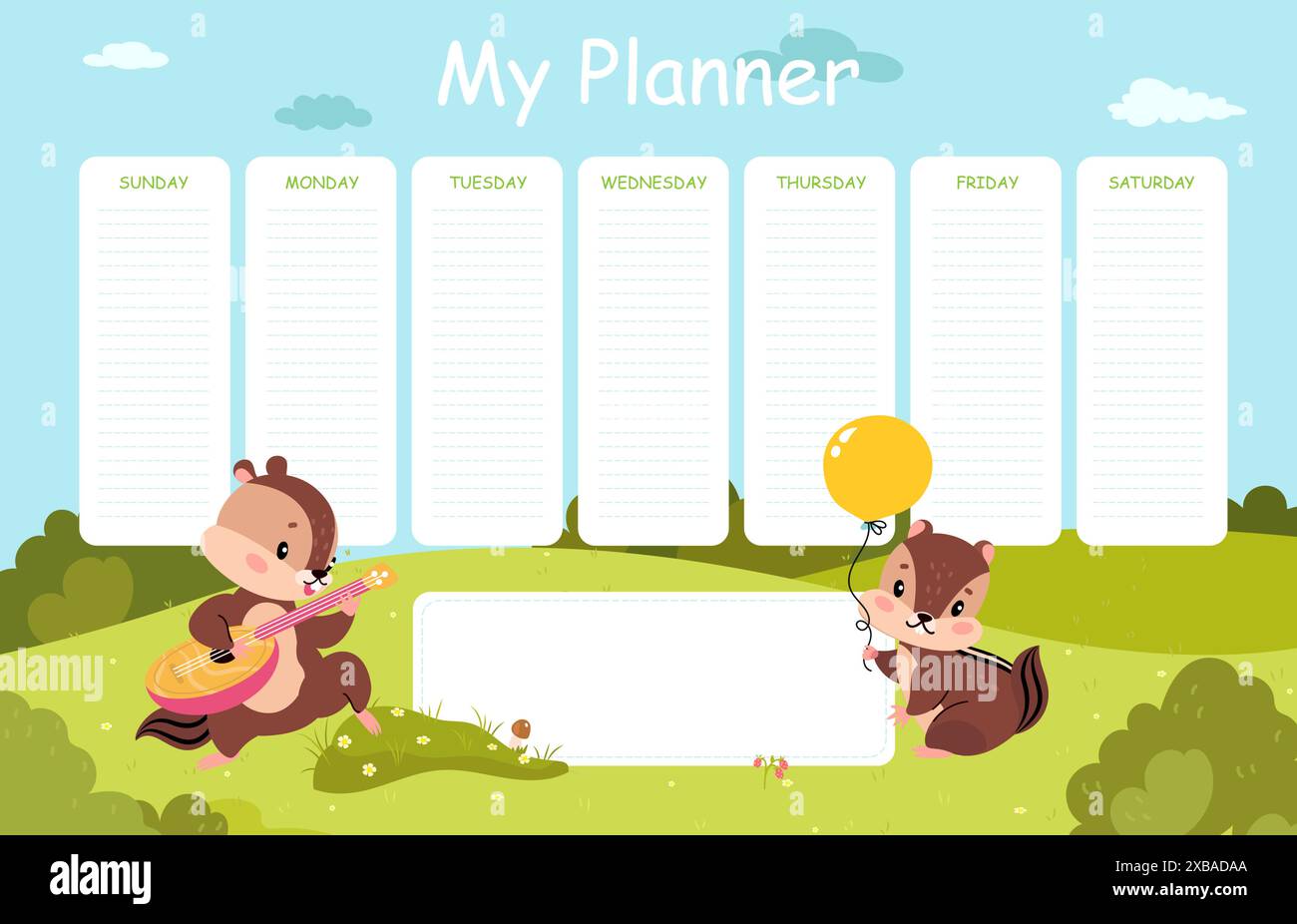 Planervorlage für Kinder mit Chipmunks. Zeichentrick-Chipmunk spielen Musik und halten Ballon. Notizen oder To-do-Liste, heute Vektordesign Stock Vektor
