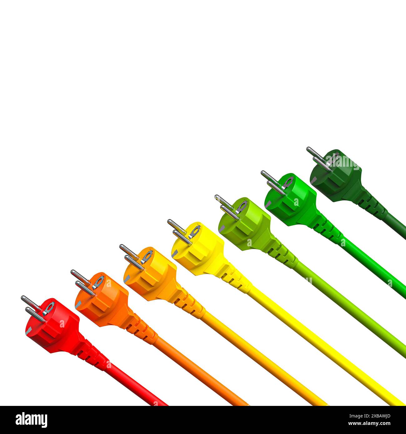 Mehrfarbige elektrische Stecker, isolierte Hintergründe, 3D-Renderenergie, Stockfoto