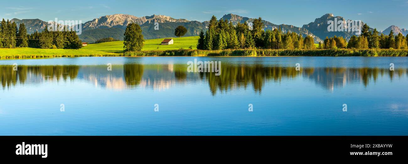 Panorama Landschaft im Allgäu im Allgäu spiegeln sich die Berge auf der Wasseroberfläche des Huttler Weiher bei Roßhaupten Huttler Weiher Bayern - alle Stockfoto