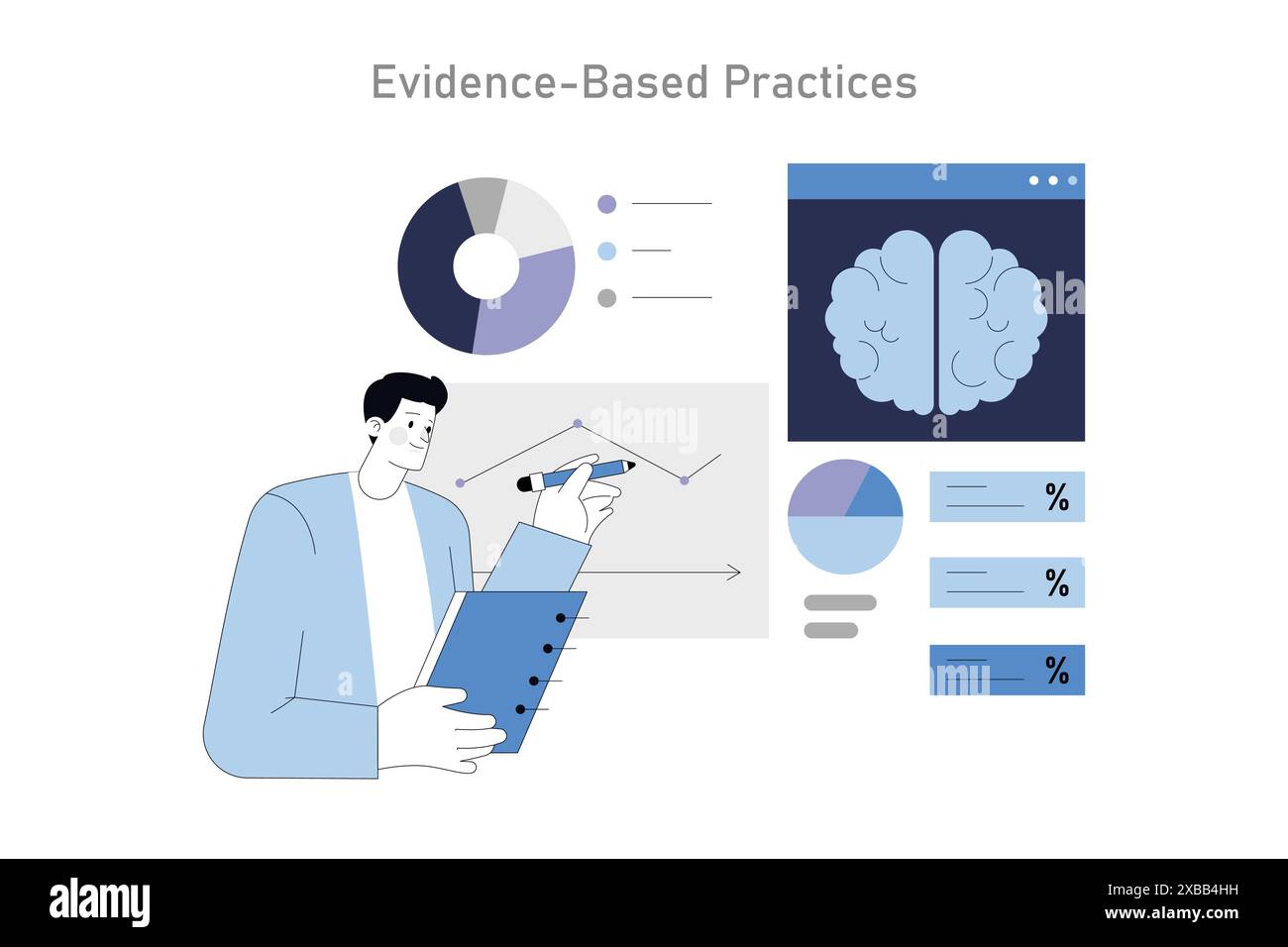 Integratives Psychotherapiekonzept. Therapeut analysiert Daten zur psychischen Gesundheit und hebt evidenzbasierte Behandlungsstrategien hervor. Patientenversorgung und Fortschrittsbeurteilung. Vektorabbildung. Stock Vektor