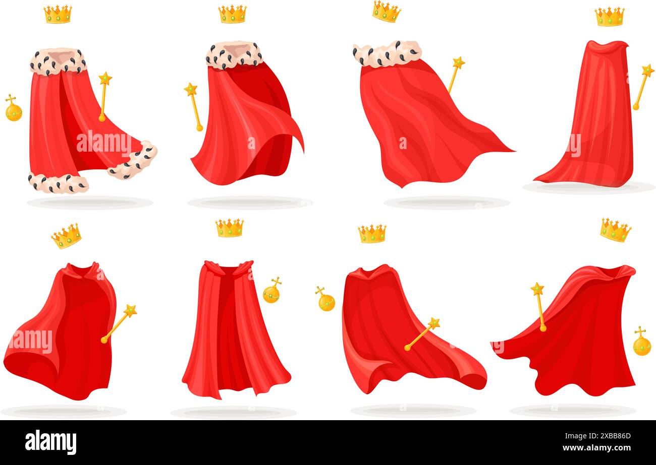 Königliche Mäntel. Unsichtbarer König Mantel rotes cape, Monarchie Krönung Attribute Zepter Krone Kugel Königin Prinzessin Robe mittelalterliche Kleidung Kleid Kleid Kleid, Cartoon ordentliche Vektor Illustration des Königs Mantel Stock Vektor