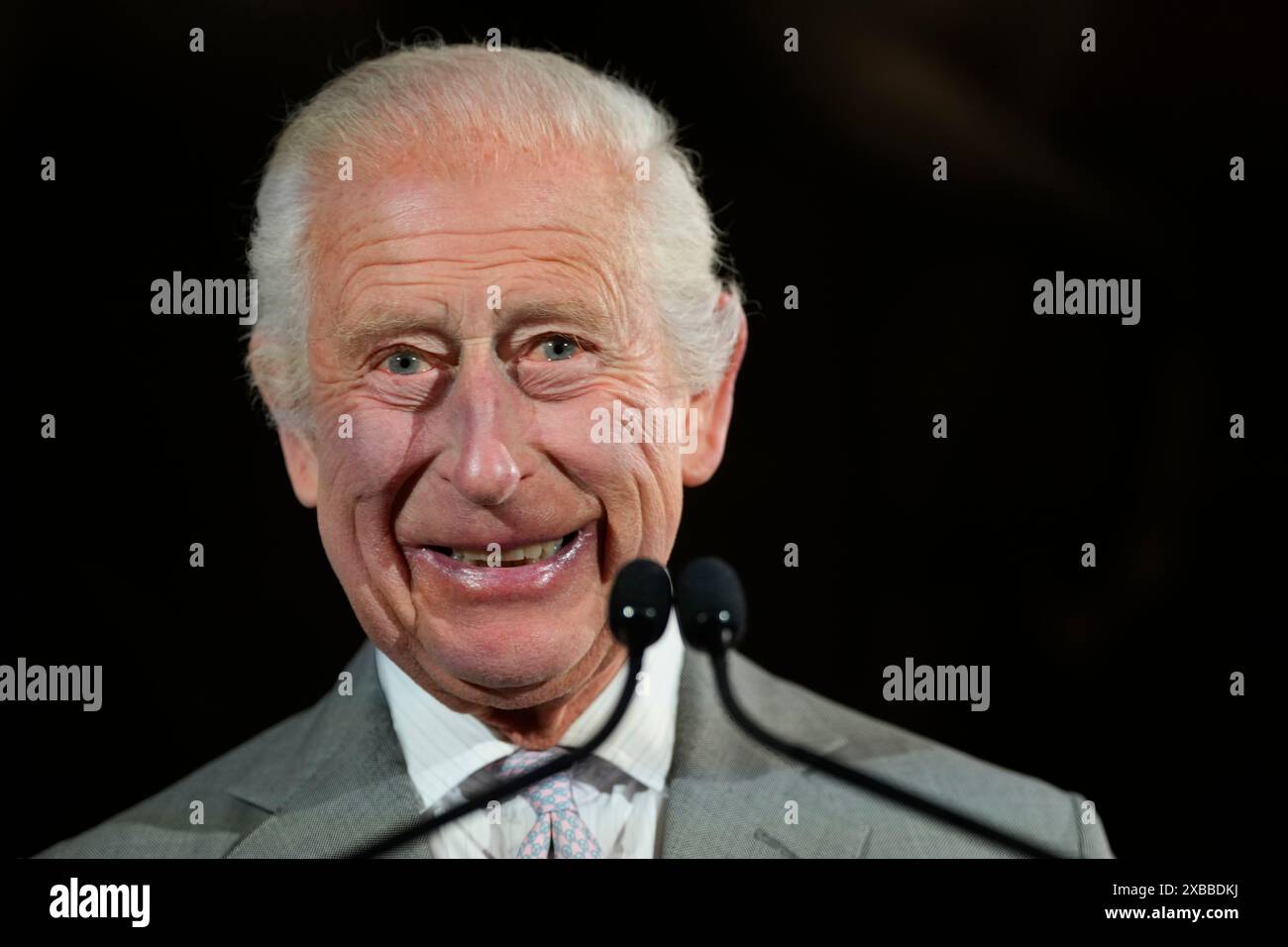 König Karl III. Lächelt während seiner Rede, als er an den Eröffnungsauszeichnungen der King's Foundation im St James's Palace in London teilnimmt. Bilddatum: Dienstag, 11. Juni 2024. Stockfoto