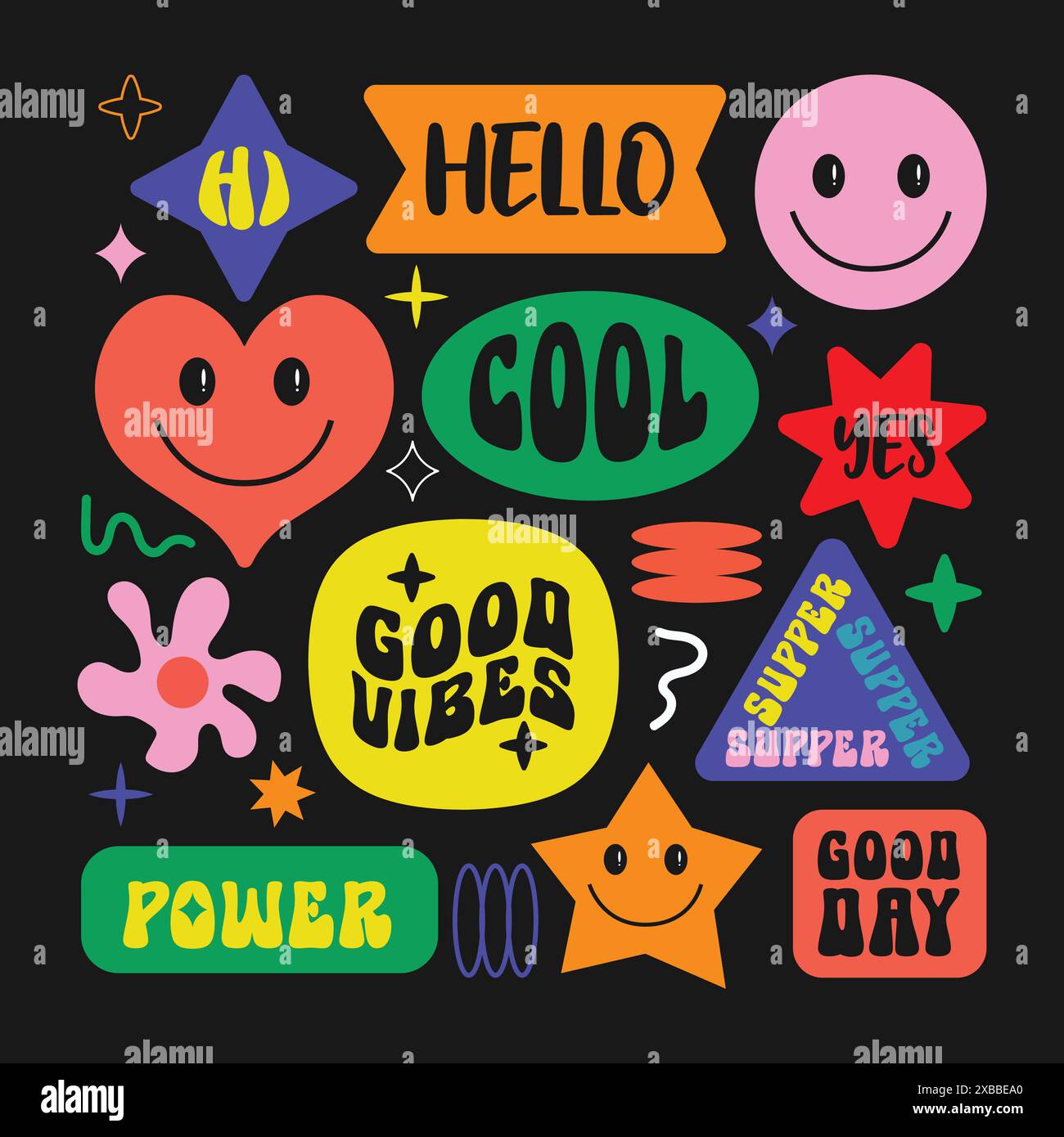 Trendige bunte Sticker Vektor Illustration im Retro und groovigen Stil. Cool Y2K Stickers Kollektion. Hallo, Hallo, gute Stimmung, super, Power Chat Patch Stock Vektor