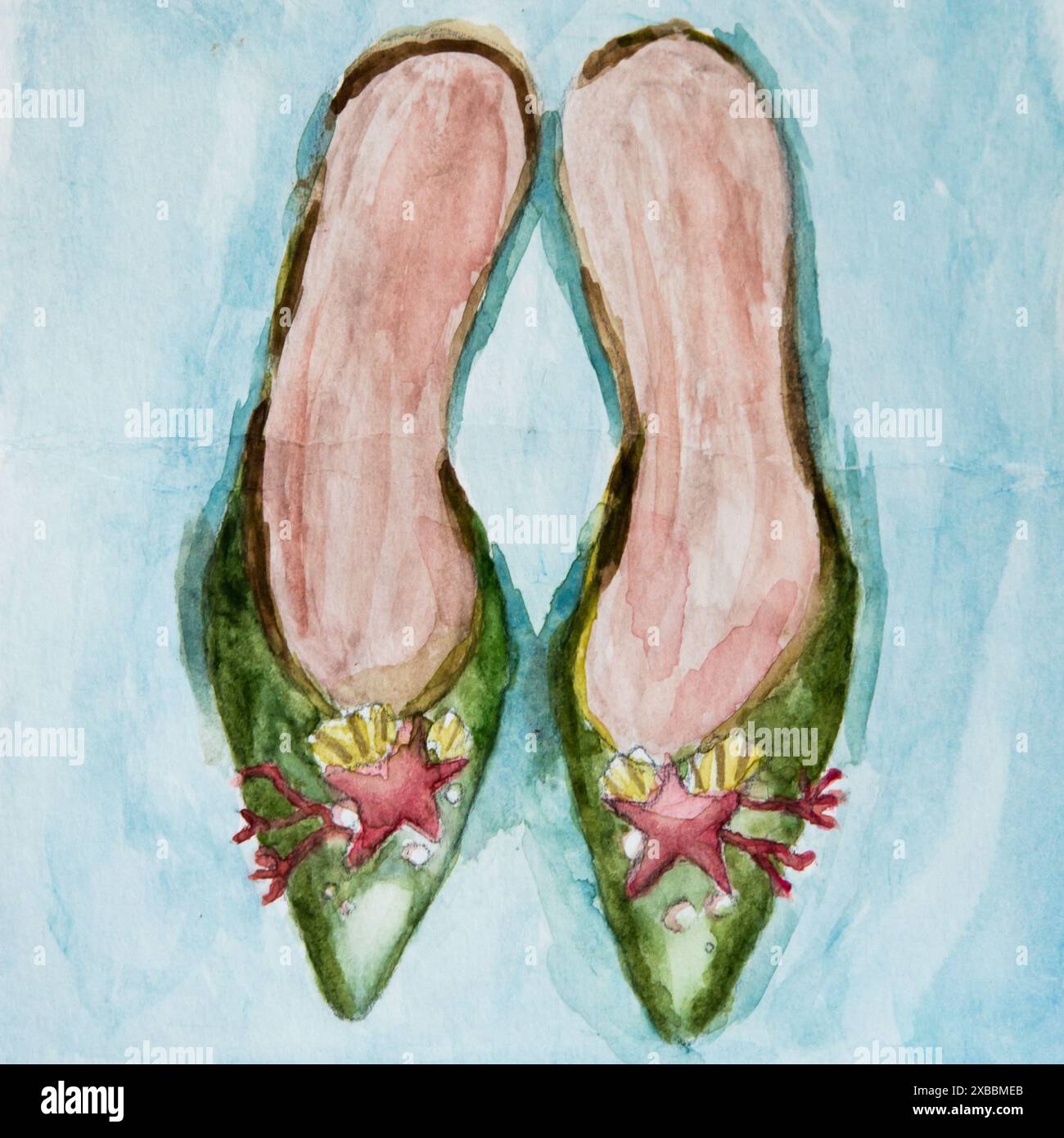 Aquarell. Illustration von grünen Partyschuhen für Frauen. Blauer Hintergrund Stockfoto