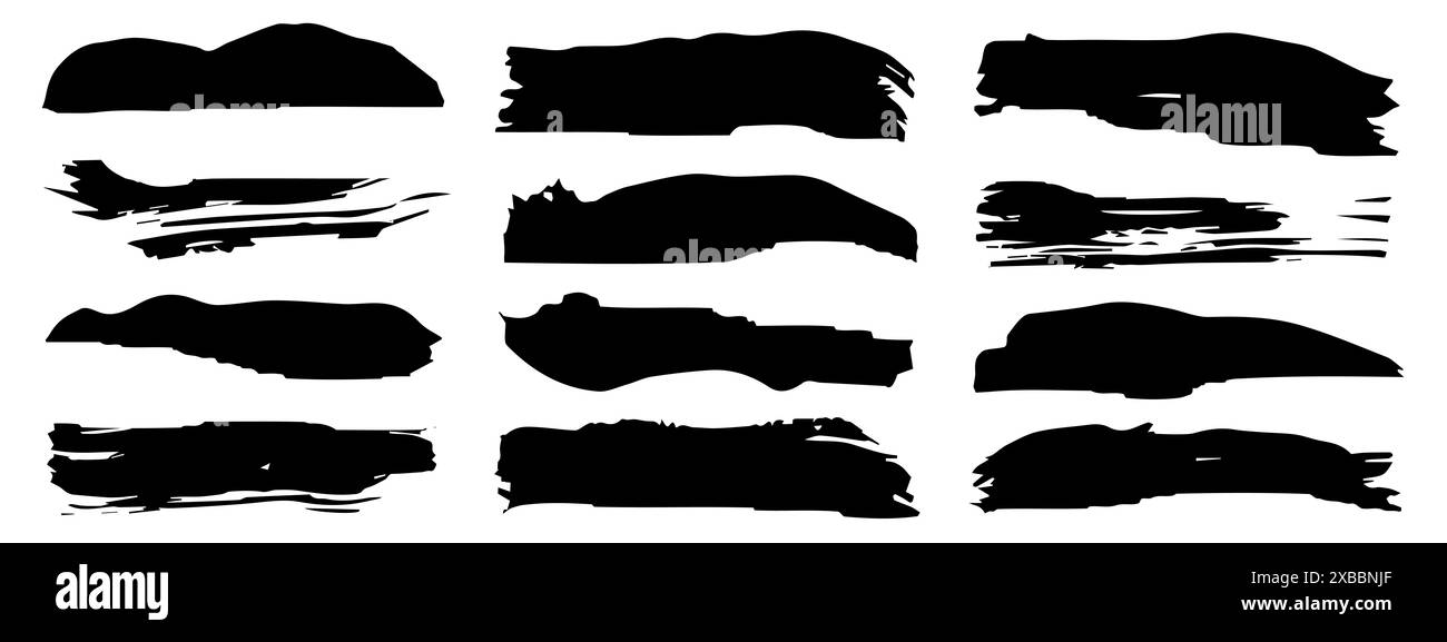 Sammlung von künstlerischen grungy schwarze Farbe von Hand gemacht kreative Pinselstrich auf Hintergrund isoliert gesetzt. Eine Gruppe von abstrakten Grunge-Skizzen für Design Stockfoto