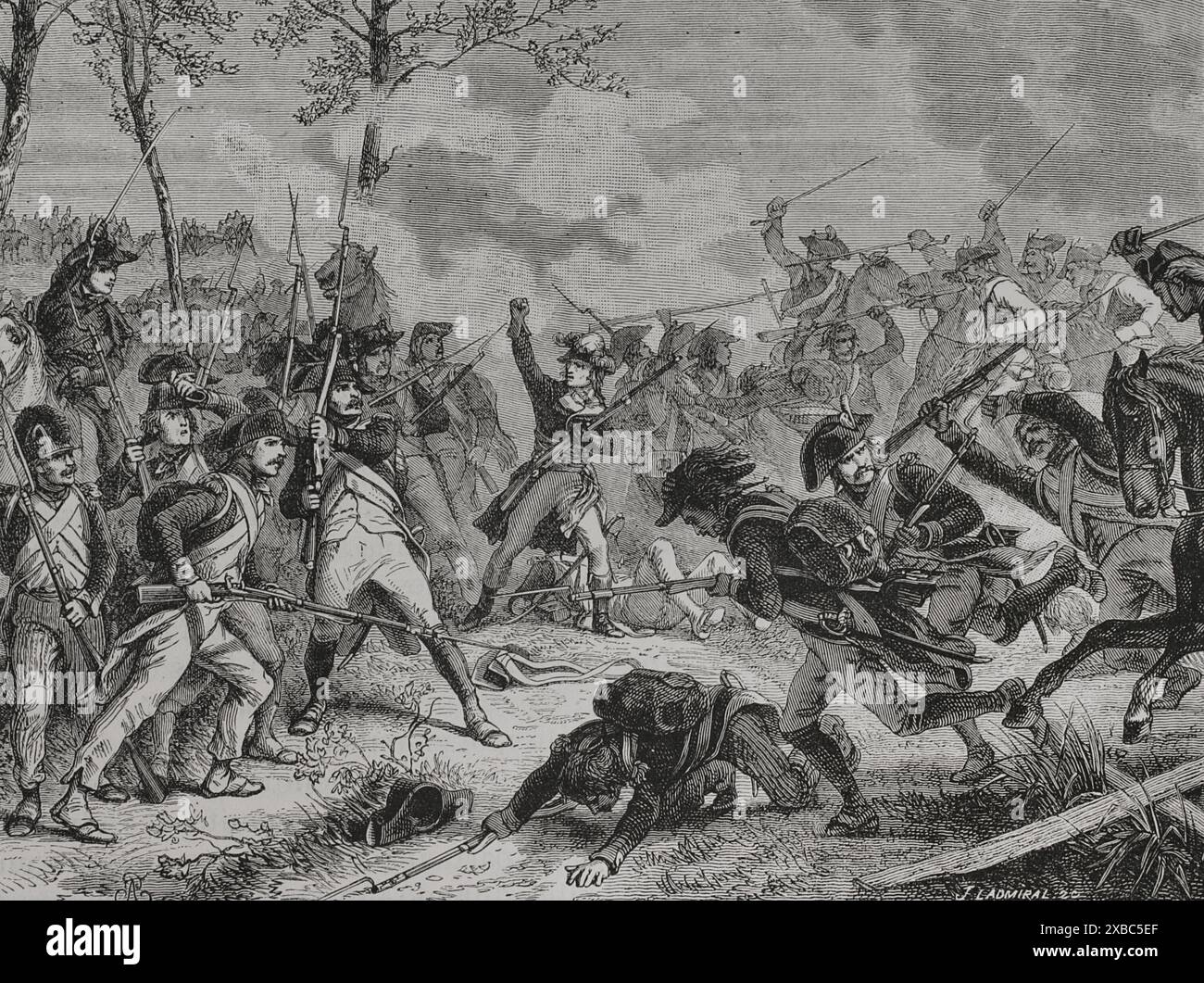 Französische Revolution. Französische Revolutionskriege. Erste Koalition (1792-1797). Schlacht von Wattignies (15-16. Oktober 1793). Die französische Armee unter den Generälen Jean-Baptiste Jourdan (1762–1833) und Lazare Carnot (1753–1823) besiegte die Truppen des Erzherzogtums Österreich unter Fürst Josias von Sachsen-Coburg-Saalfeld (1737–1815). Lazare Nicolas Marguerite Carnot am 16. Oktober 1793 in Wattignies. Kupferstich von J. Ladmiral. "Geschichte der Französischen Revolution". Band I, 1876. Stockfoto